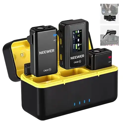 Neewer CM28 Wireless Lavalier Microphone System with Charging Case Noise Canceling 4GB Storage 9Hrs Recording 48KHz 16 Bit Uncompressed Audio Lapel Mic Compatible with iPhone iPad Android PC Camera